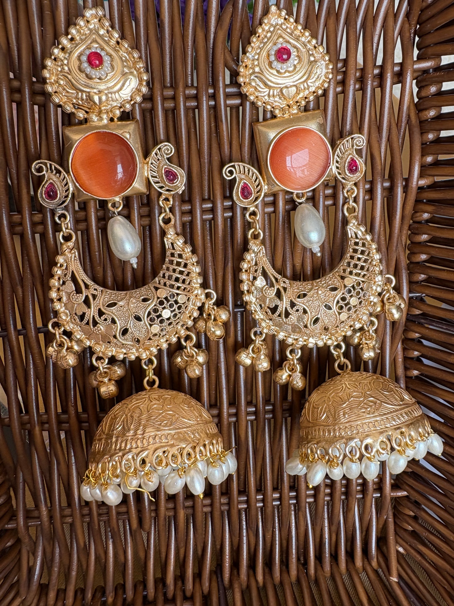 Peach Statement Brass Jhumkis