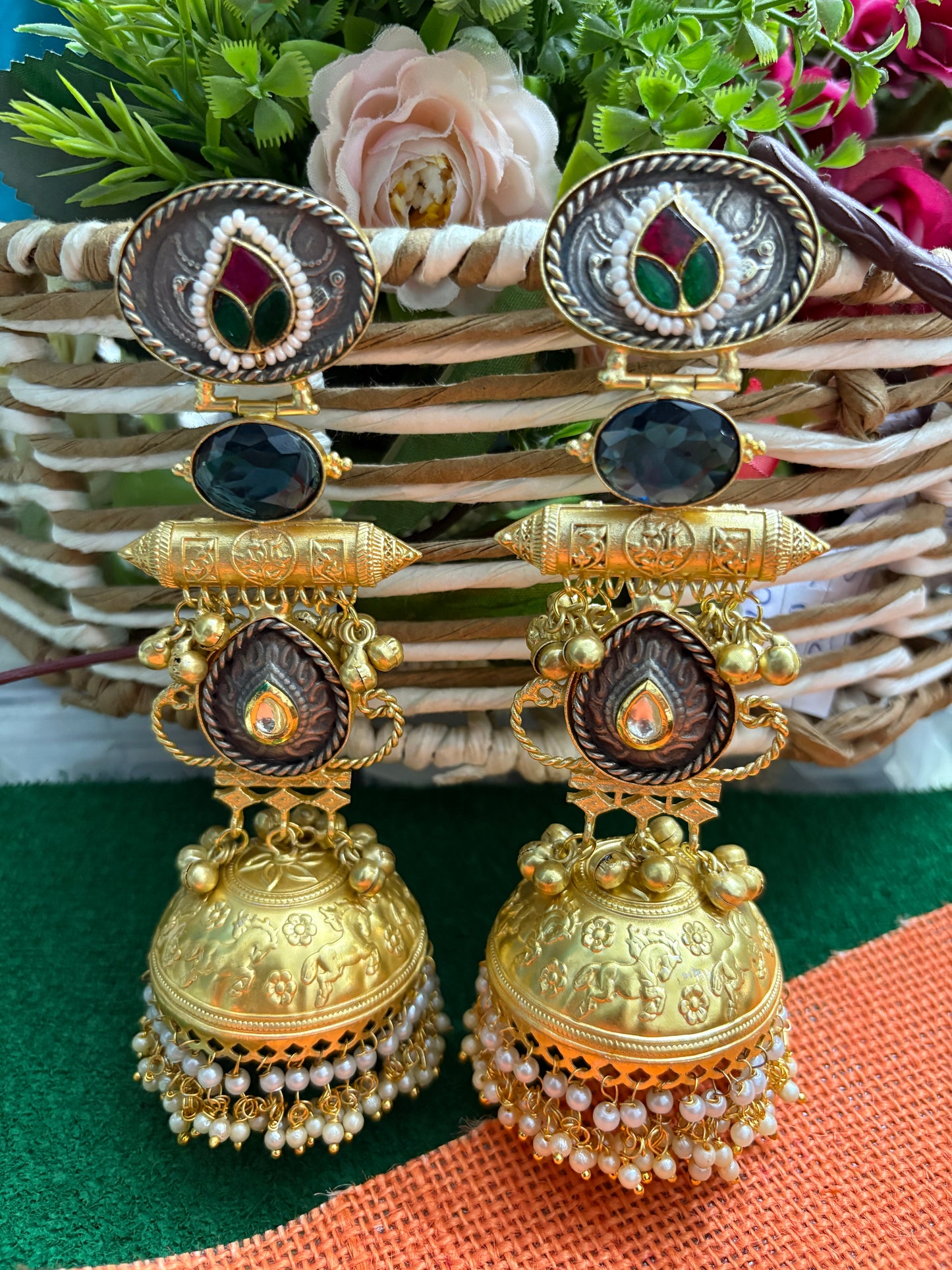 Meenakari Golden Replica Gray Brass Jhumkis