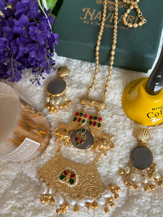 Gray Kundan Brass Long Chain Necklace