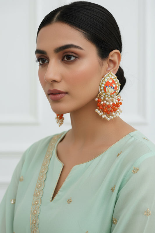 Orange Colour Brass Kundan Earrings