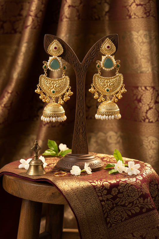 Light Green Golden Replica Brass Jhumkis