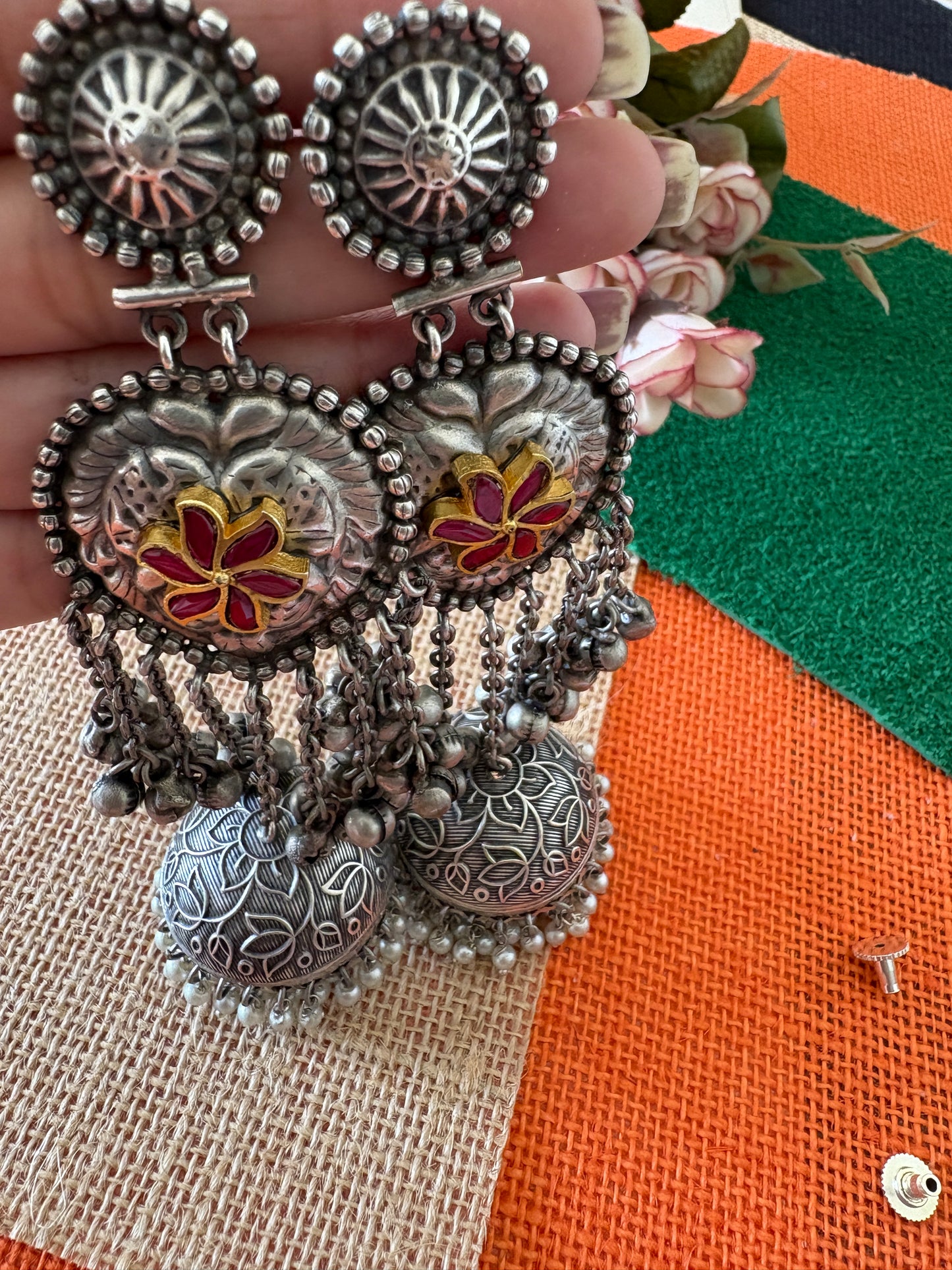 Silver Replica Oxidised Brass Jhumkis