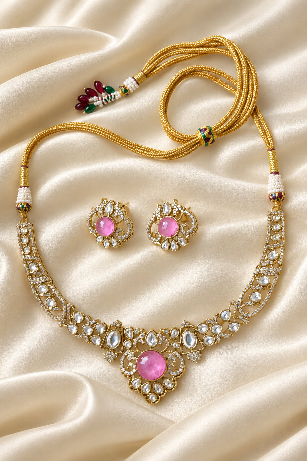 Baby Pink Victorian AD Choker Necklace Set with Gold Dori