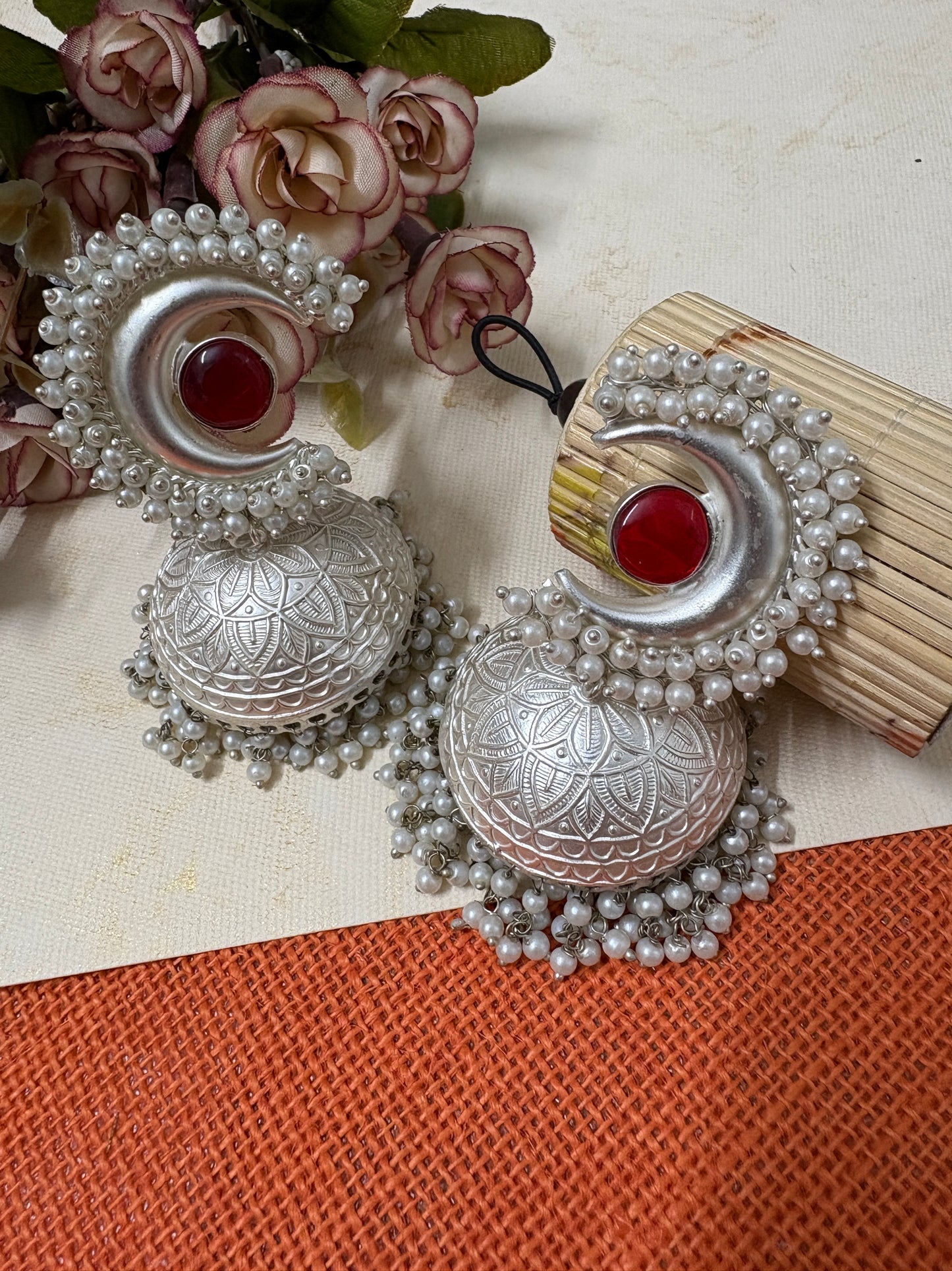 Silver Replica Red Kundan Brass Jhumkis