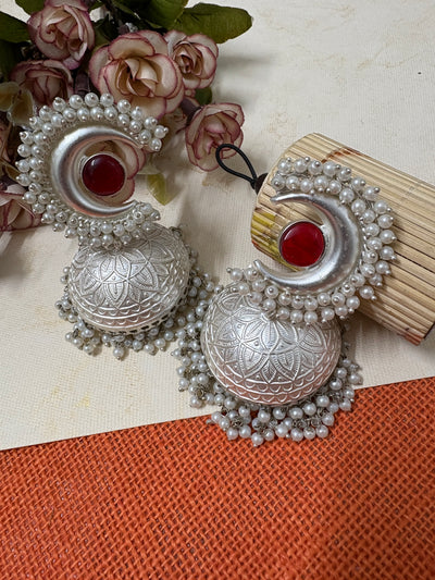Silver Replica Red Kundan Brass Jhumkis