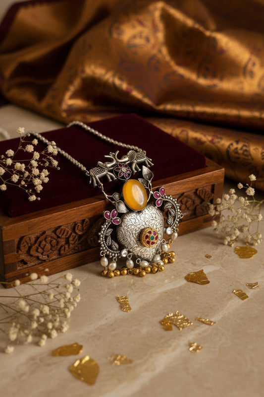 Yellow Kundan Long Chain Oxidised Necklace