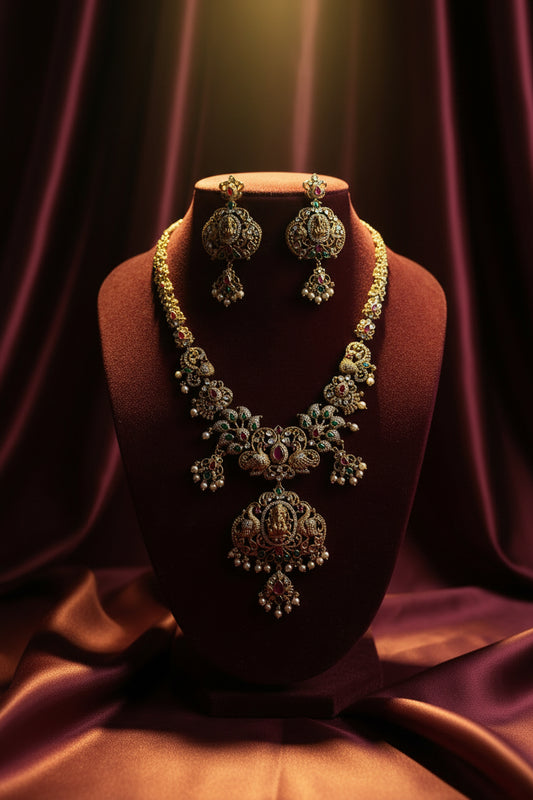Antique Peacock Lakshmi Long Haram Set with Maang Tikka