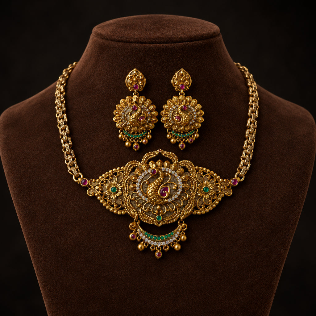 Antique Gold Peacock Temple Long Haar Set