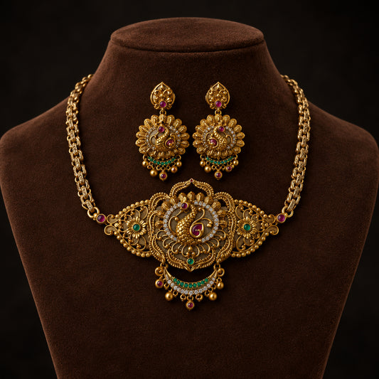 Antique Gold Peacock Temple Long Haar Set