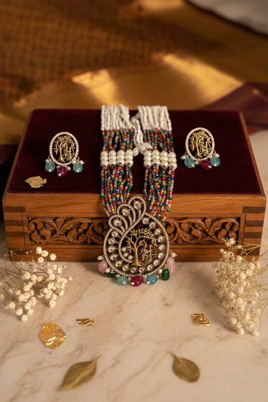 Multi-Colour Long Pearl Kundan Necklace