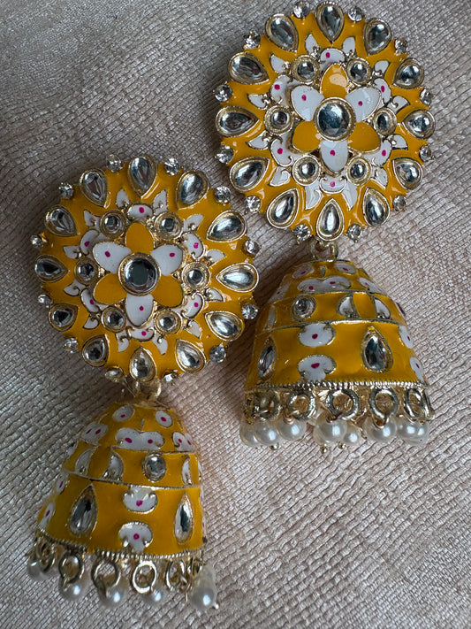 Yellow Meenakari Kundan Earrings