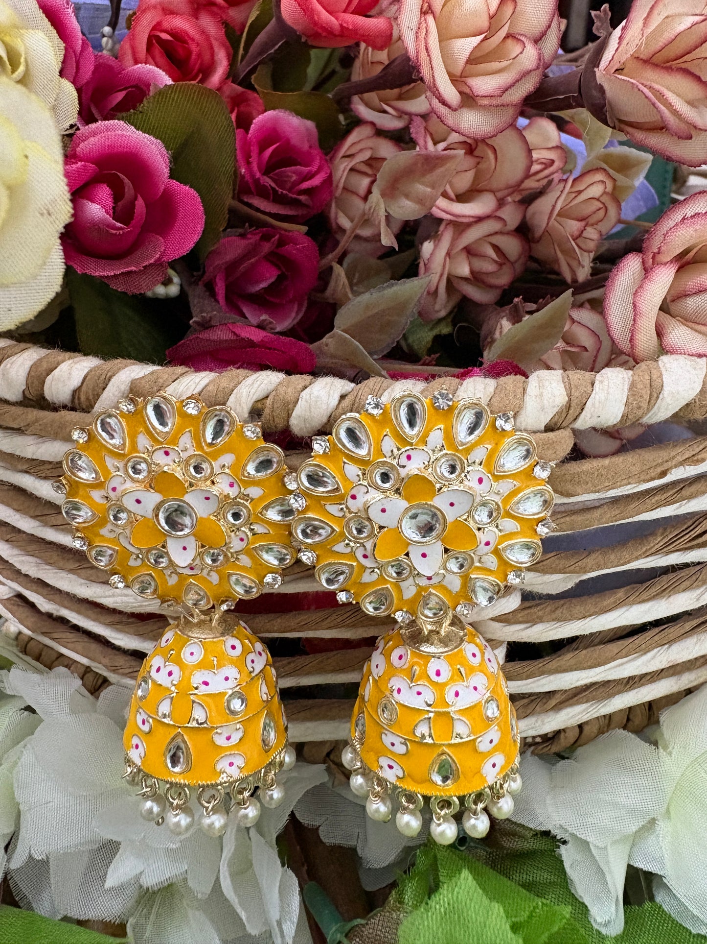 Yellow Meenakari Kundan Earrings