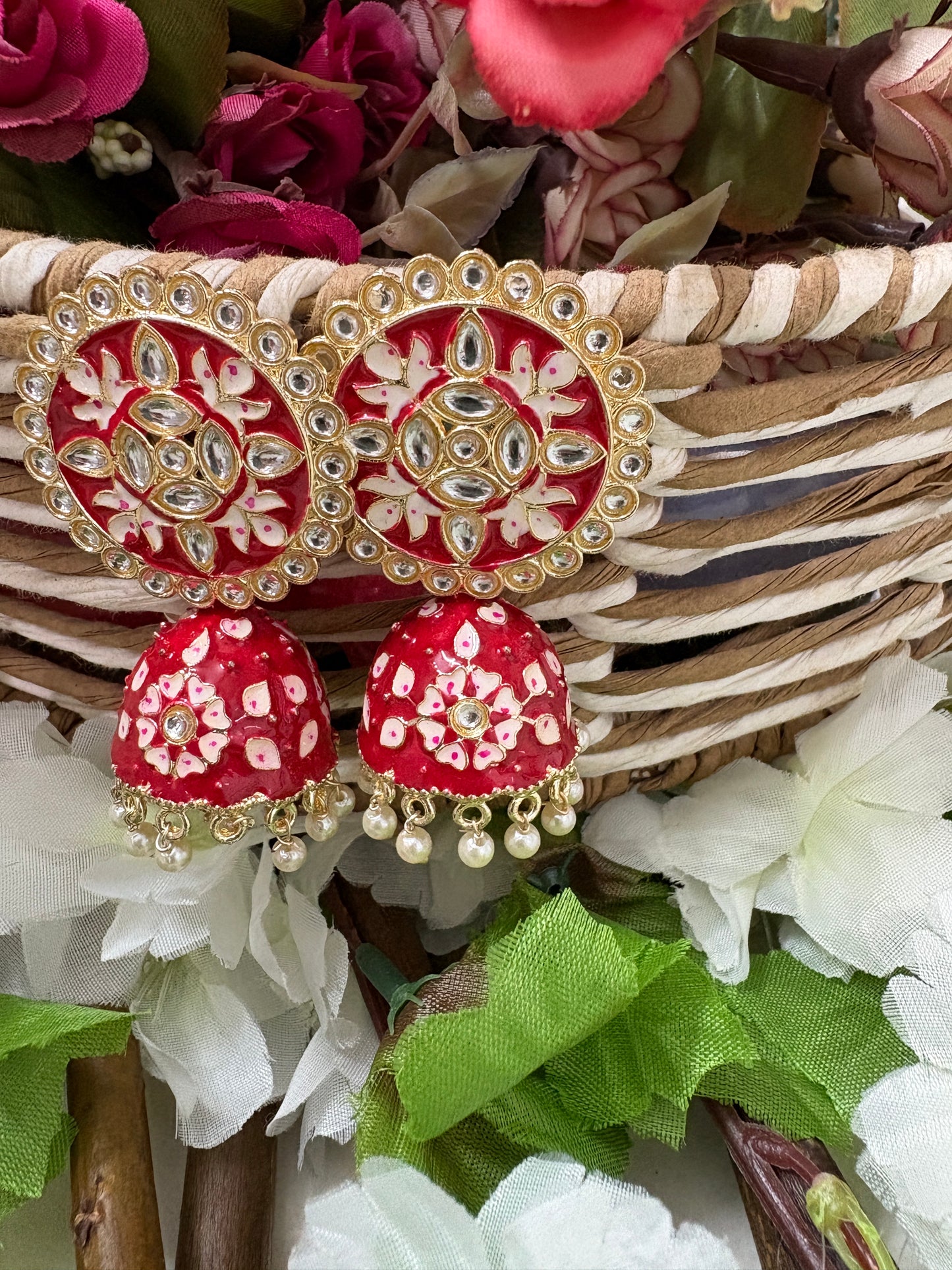Red Colour Kundan Meenakari Earrings