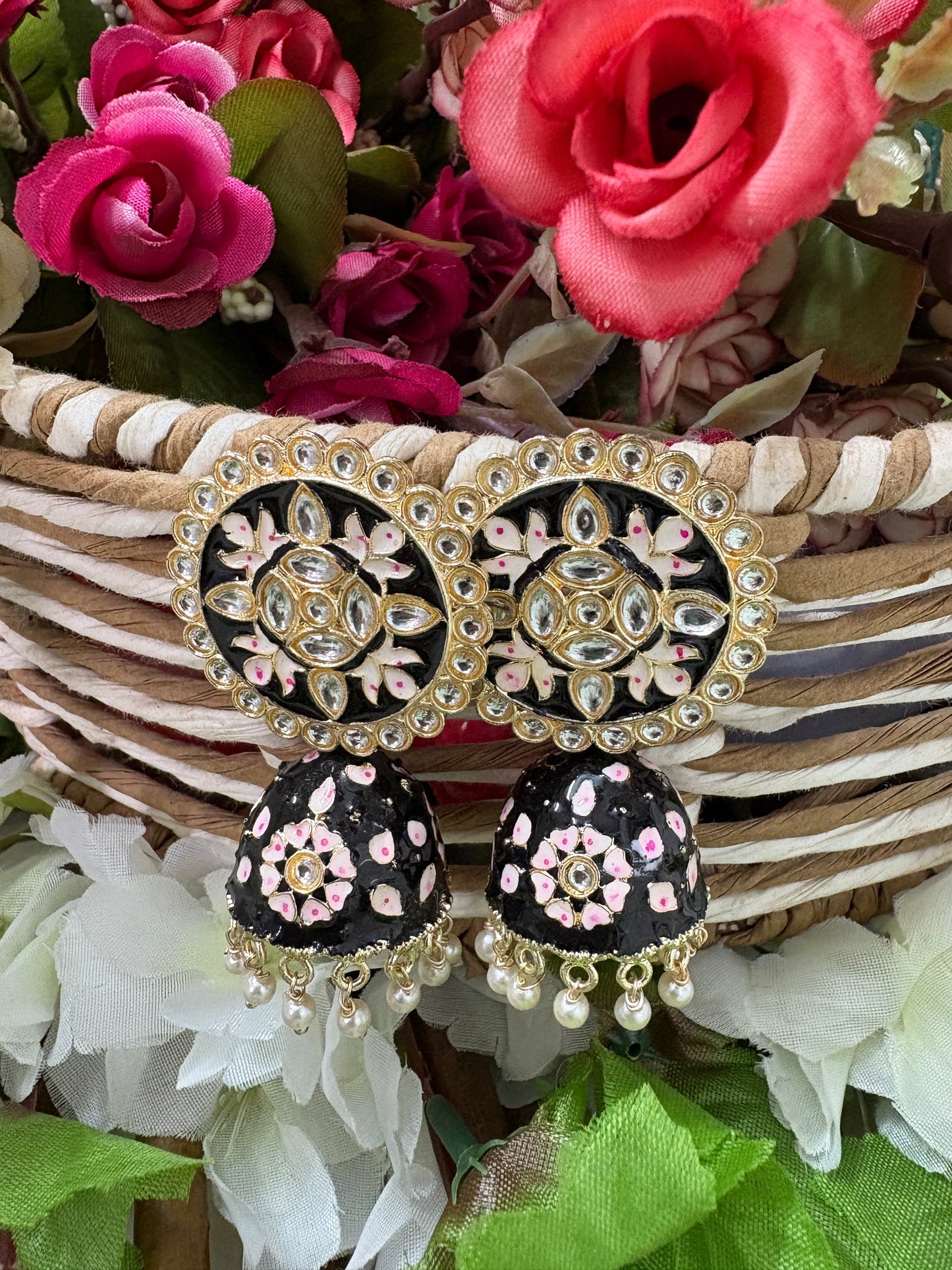 Black Meenakari Kundan Earrings