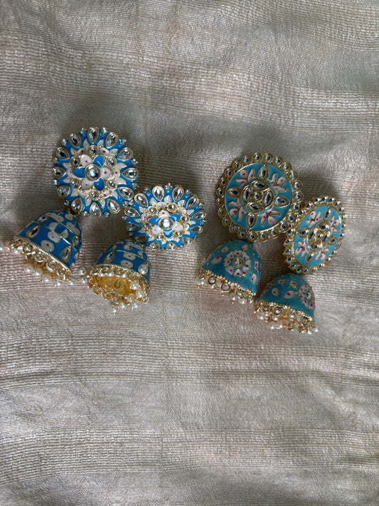 Sky Blue Meenakari Kundan Jhumki Earrings