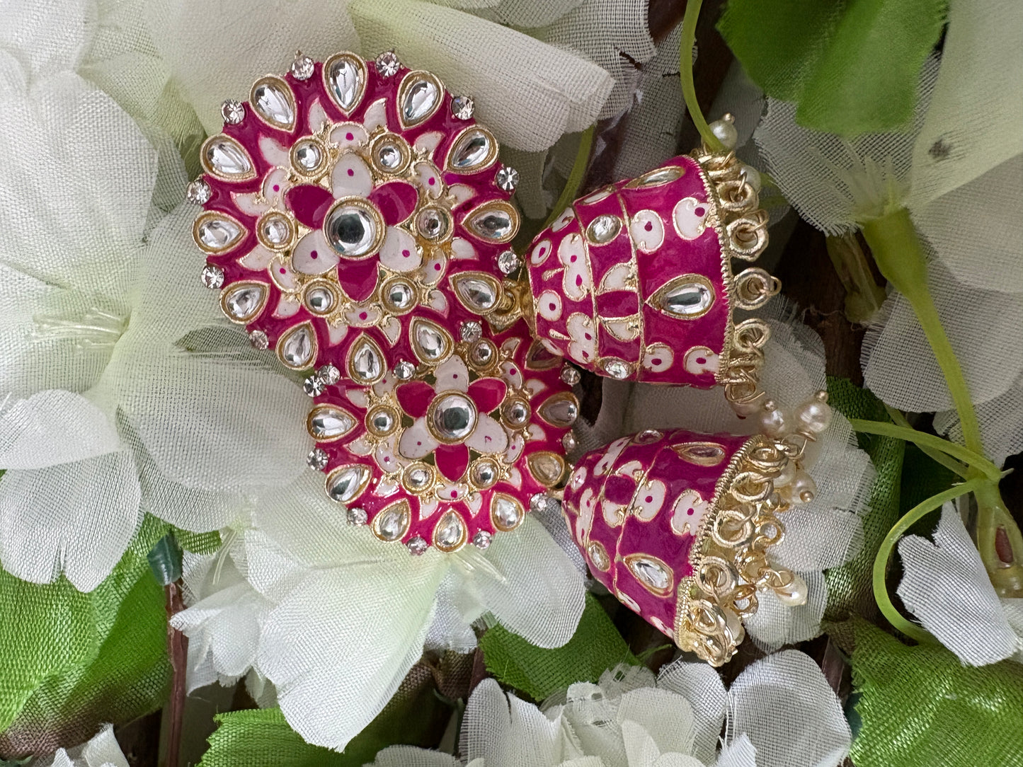 Rani Pink Kundan Meenakari Jhumki Earrings
