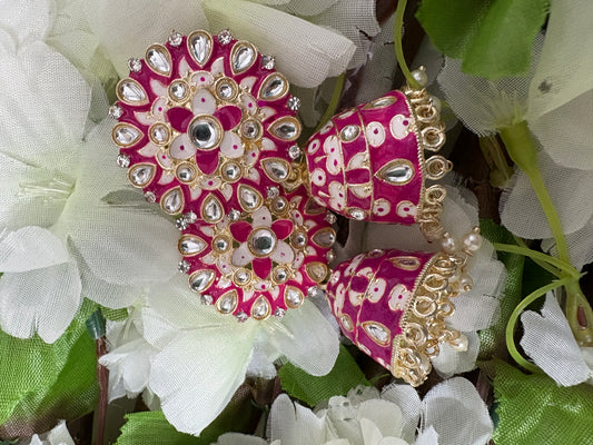 Rani Pink Kundan Meenakari Jhumki Earrings